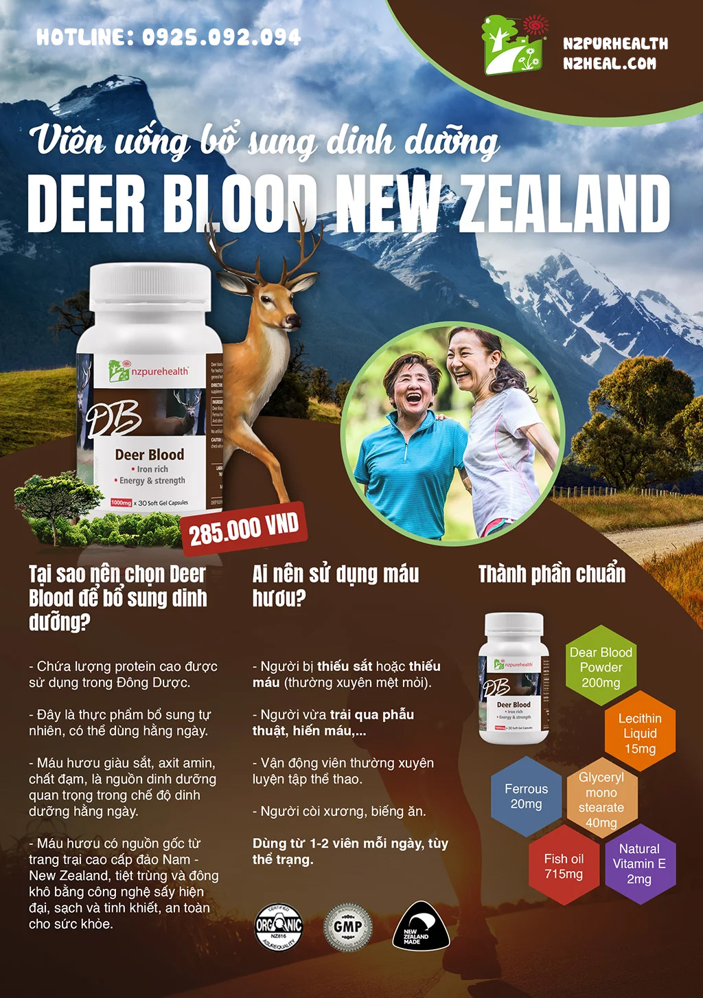 Viên nang máu hươu bổ máu, cấp sắt Deer Blood NZPurehealth 1