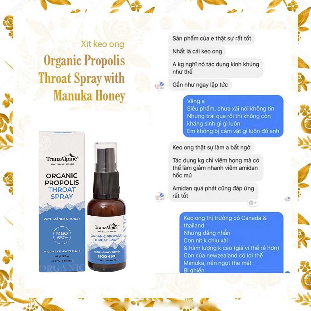 Xịt họng keo ong Organic Propolis Throat Spray with Manuka Honey MG650+ 3