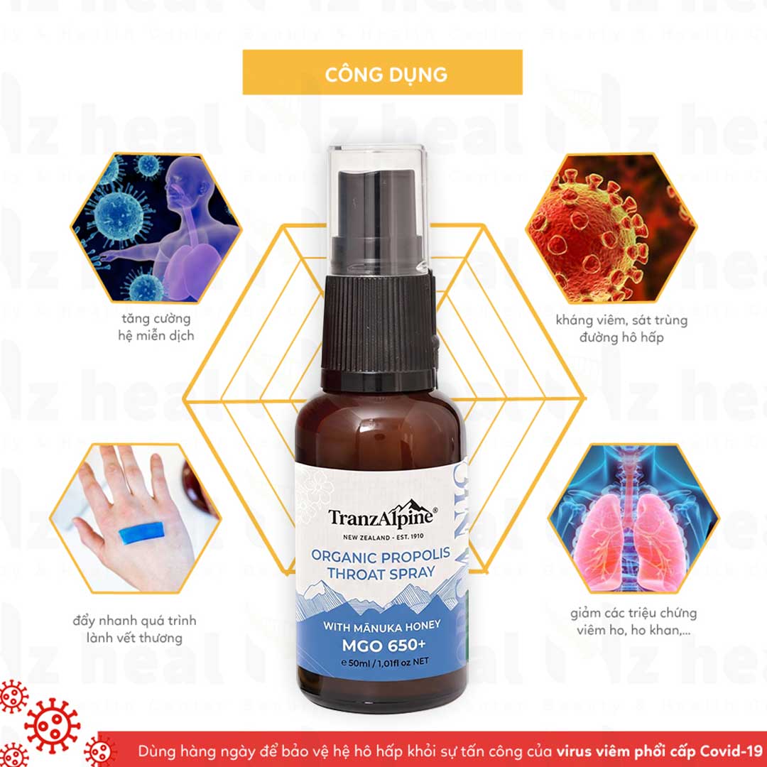 Xịt họng keo ong Organic Propolis Throat Spray with Manuka Honey MG650+ 6