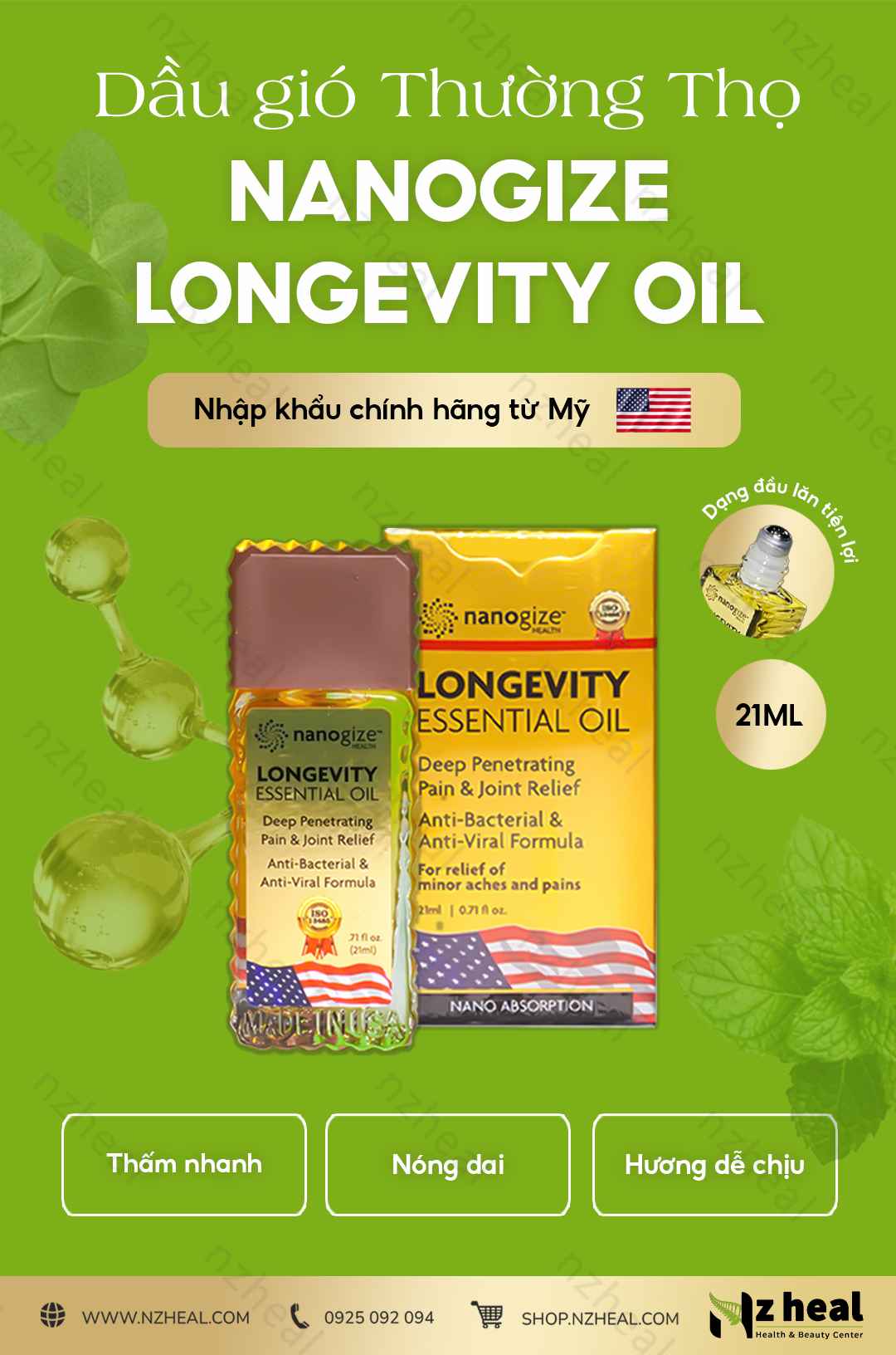 Dầu gió vàng NANOGIZE Longevity Essential Oil Deep Penetrating (21ml) 1