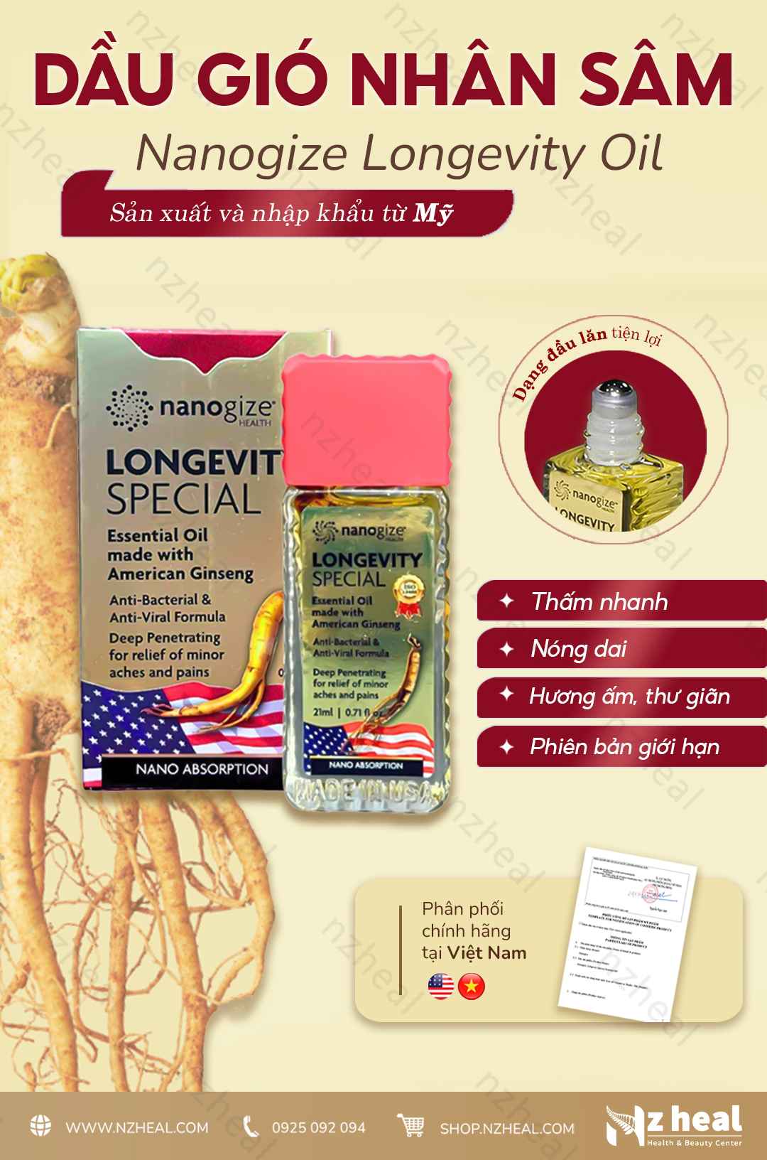 Dầu gió nhân sâm Nanogize Longevity Special Ginseng Essential Oil (21ml) 1