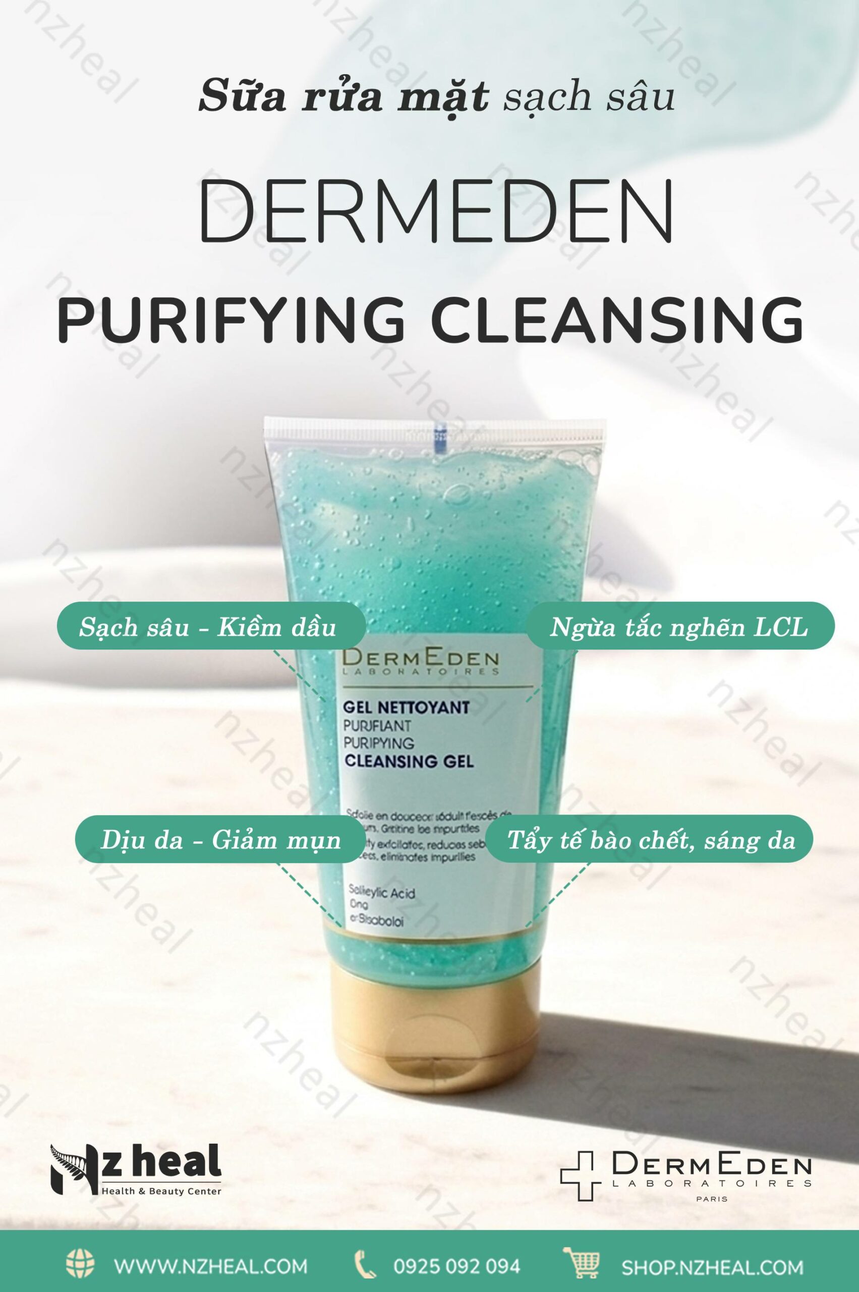 Sữa rửa mặt dạng gel Dermeden Purifying Cleansing Gel (150ml) – Da hỗn hợp/ Da dầu