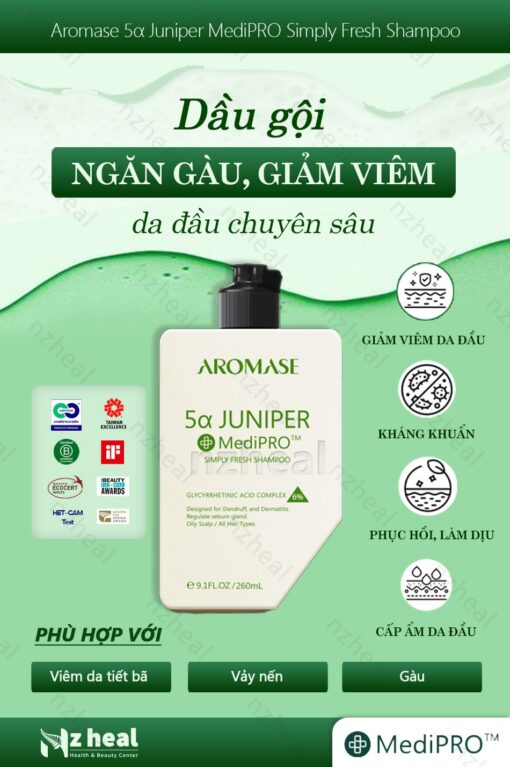 Dầu gội ngăn gàu, giảm viêm da đầu chuyên sâu Aromase 5α Juniper MediPRO Simply Fresh Shampoo 80ml 2