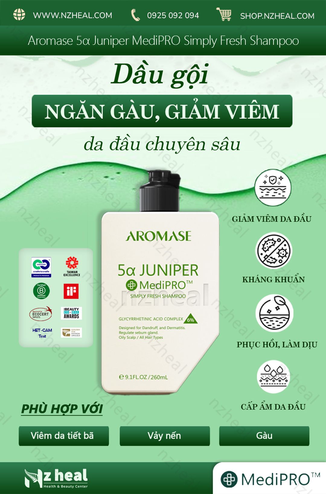 Dầu gội ngăn gàu, giảm viêm da đầu chuyên sâu Aromase 5α Juniper MediPRO Simply Fresh Shampoo 80ml 1