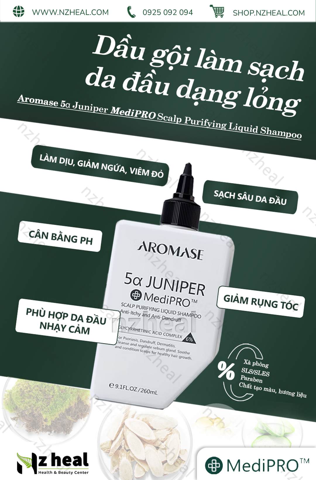 Dầu gội sạch da đầu chuyên sâu dạng lỏng Aromase 5α Juniper MediPRO Scalp Purifying Liquid Shampoo 80ml 1