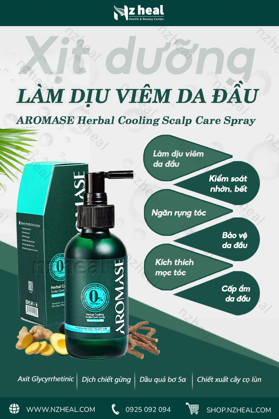 Xịt dưỡng tóc và làm dịu viêm da đầu Aromase Herbal Cooling Scalp Care Spray 40ml (da đầu dầu) 1