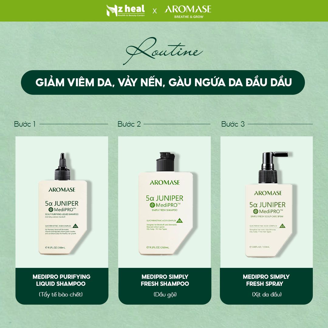 3-buoc-aromase-medipro-chuyen-sau-cho-da-dau-viem-tay-te-bao-chet-goi-dau-xit-duong Bộ 3 Aromase Medipro trị viêm da đầu chuyên sâu: Tẩy tế bào chết + Dầu gội + Xịt dưỡng