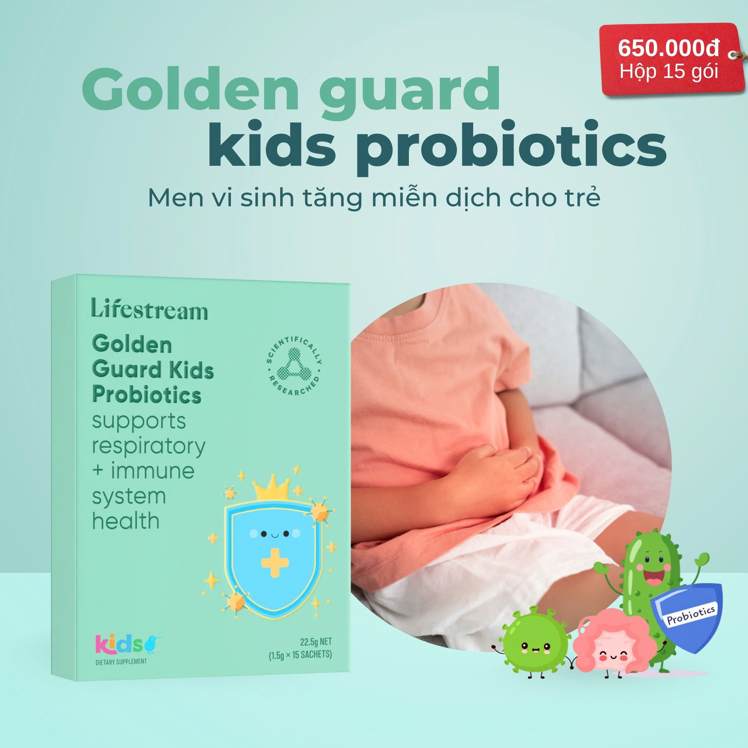 Lifestream Golden Guard Kids Probiotic: Men vi sinh hỗ trợ tiêu hóa và hô hấp cho bé (15 gói) 4-1