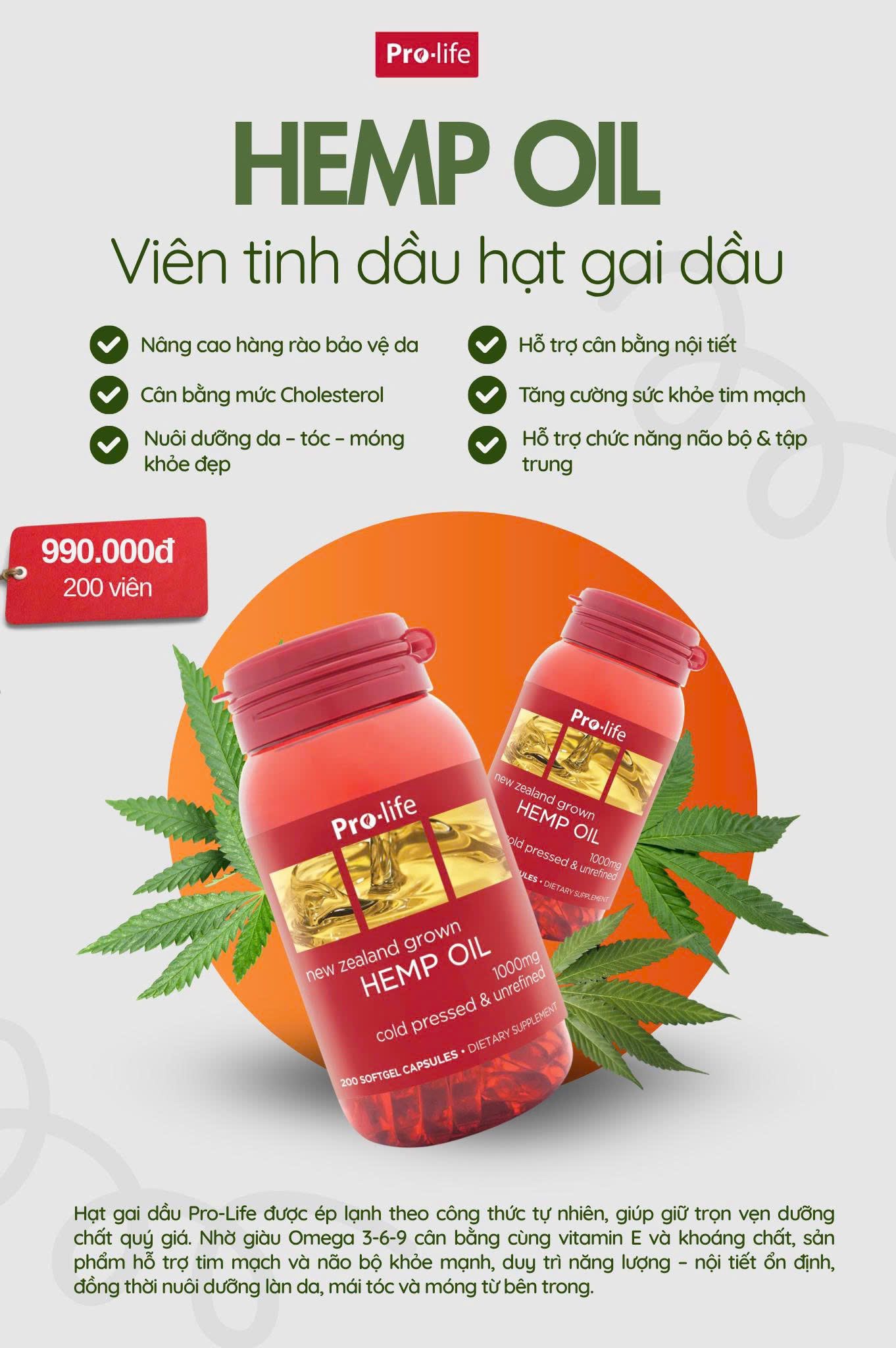 Viên tinh dầu hạt gai dầu bổ sung Omega Pro-Life Hemp Oil (200 viên) 1