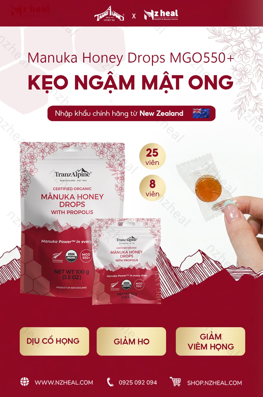 Kẹo ngậm mật ong TranzAlpine Manuka Honey Drops MGO550+ (8 viên/ 25 viên)