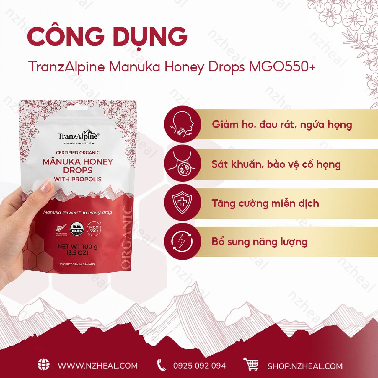 Kẹo ngậm mật ong TranzAlpine Manuka Honey Drops MGO550+ (8 viên/ 25 viên) 1