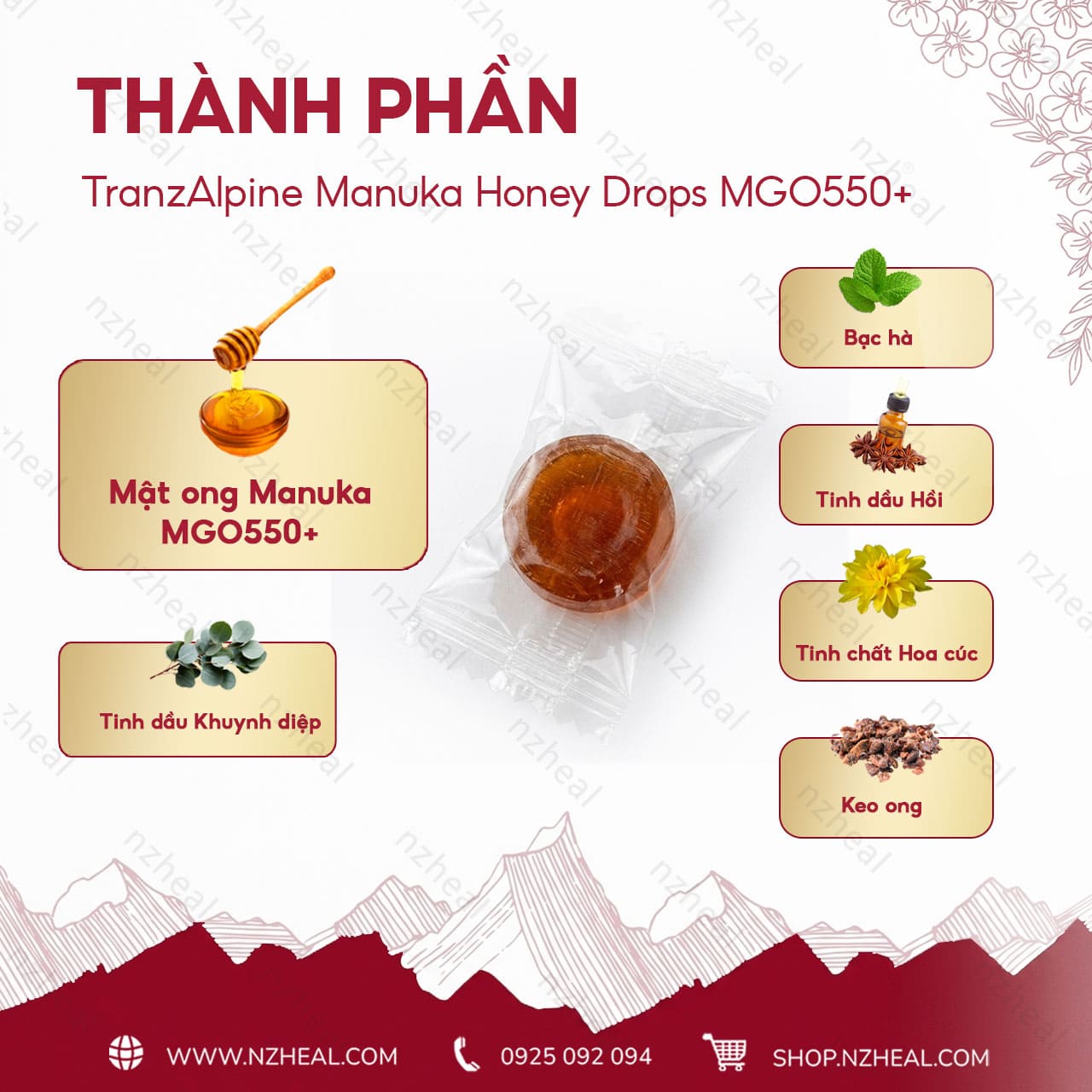 Kẹo ngậm mật ong TranzAlpine Manuka Honey Drops MGO550+ (8 viên/ 25 viên) 3