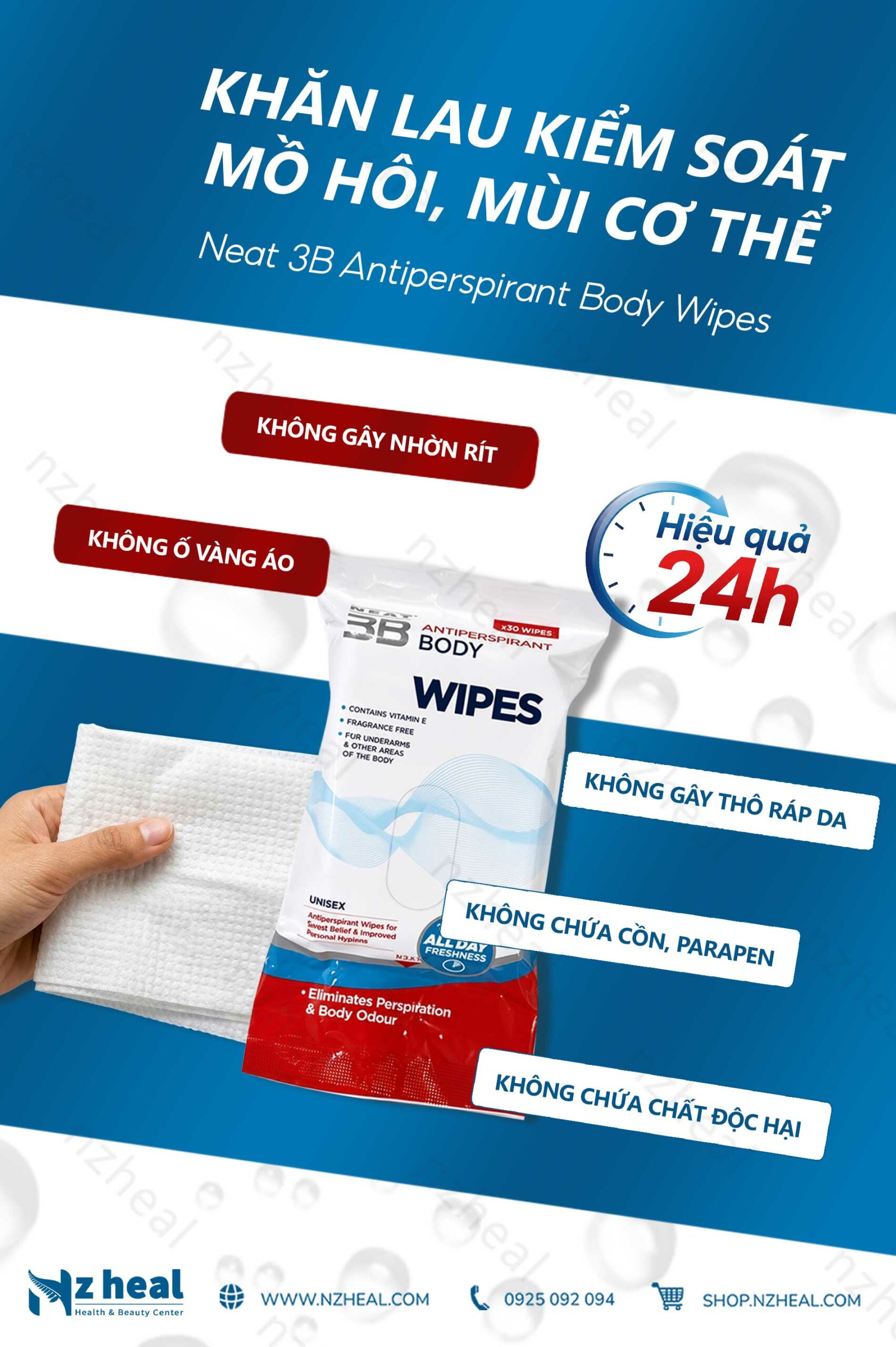 Khăn lau kiểm soát mùi và mồ hôi toàn thân Neat Feat Neat 3B Antiperspirant Body Wipes (30 khăn) 9