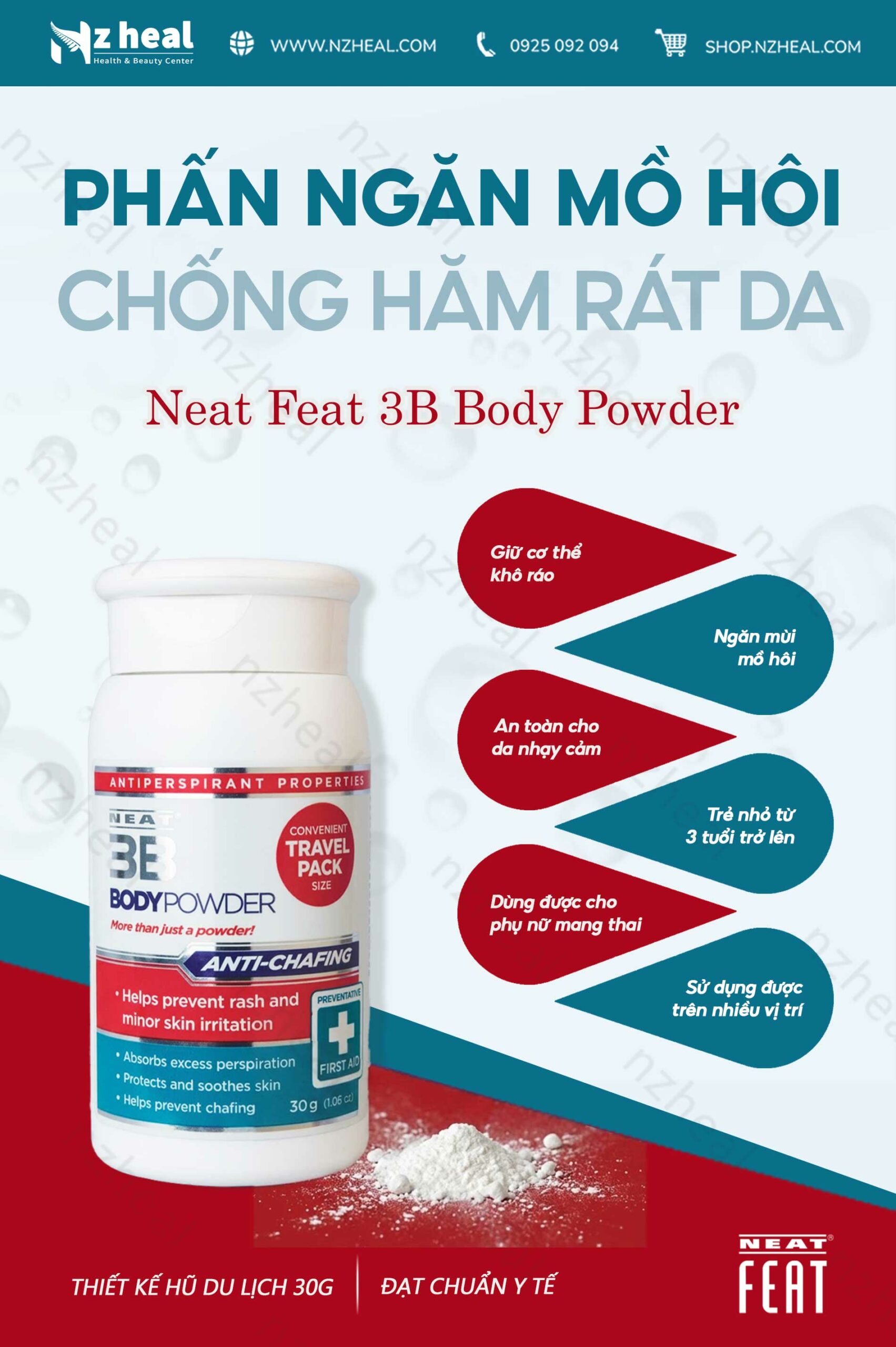 Phấn kiểm soát mồ hôi, ngăn hăm rát da Neat Feat Neat 3B Body Powder (30g) 9