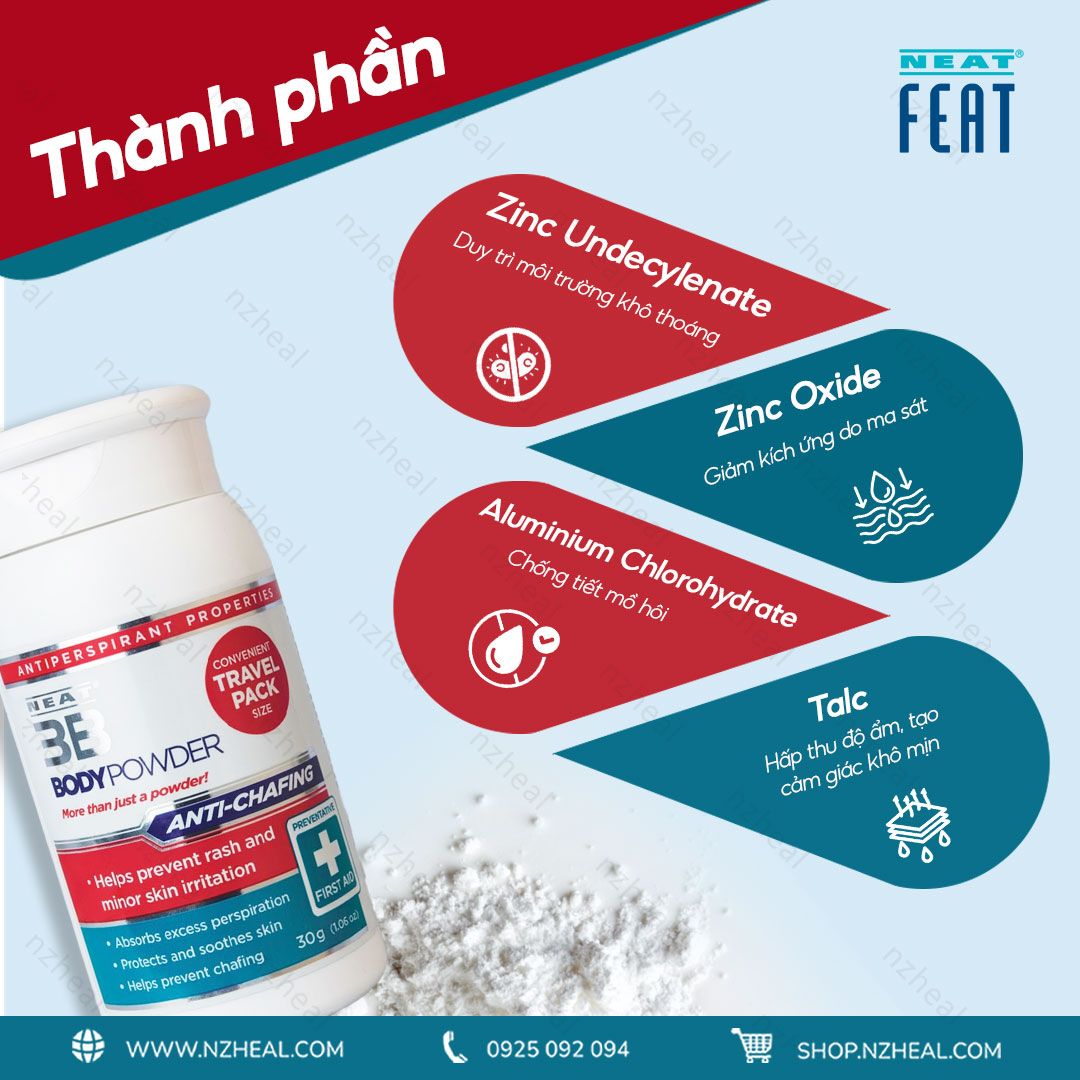 Phấn kiểm soát mồ hôi, ngăn hăm rát da Neat Feat Neat 3B Body Powder (30g) 6
